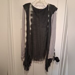 Pink Lotus Gray Fringe Hooded Cardigan with Tie-Dye Accents